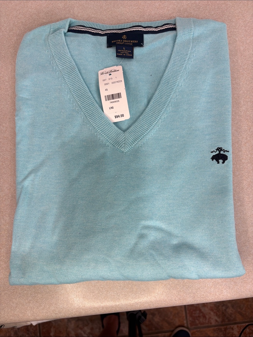 Brooks Brothers Men's V-Neck Sweater - Aqua with Navy Logo
